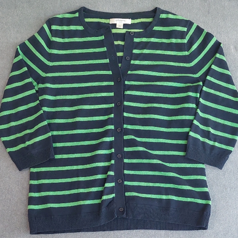 Liz Claiborne Navy & Green Striped Cardigan - Small